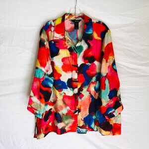 Ali Miles Women's Plus Size 1X Abstract Geometric Artsy Button Up Top Tunic